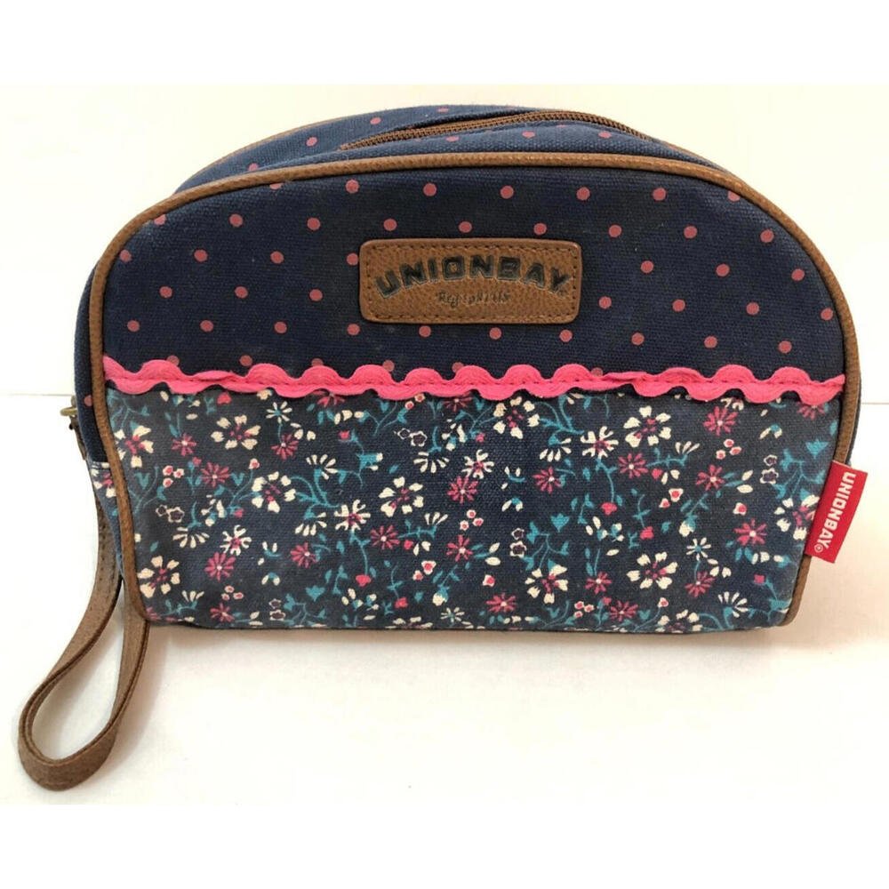 Unionbay Makeup Case Zipper Bag Blue Floral w/ Pink Border Edge Knitting Pattern